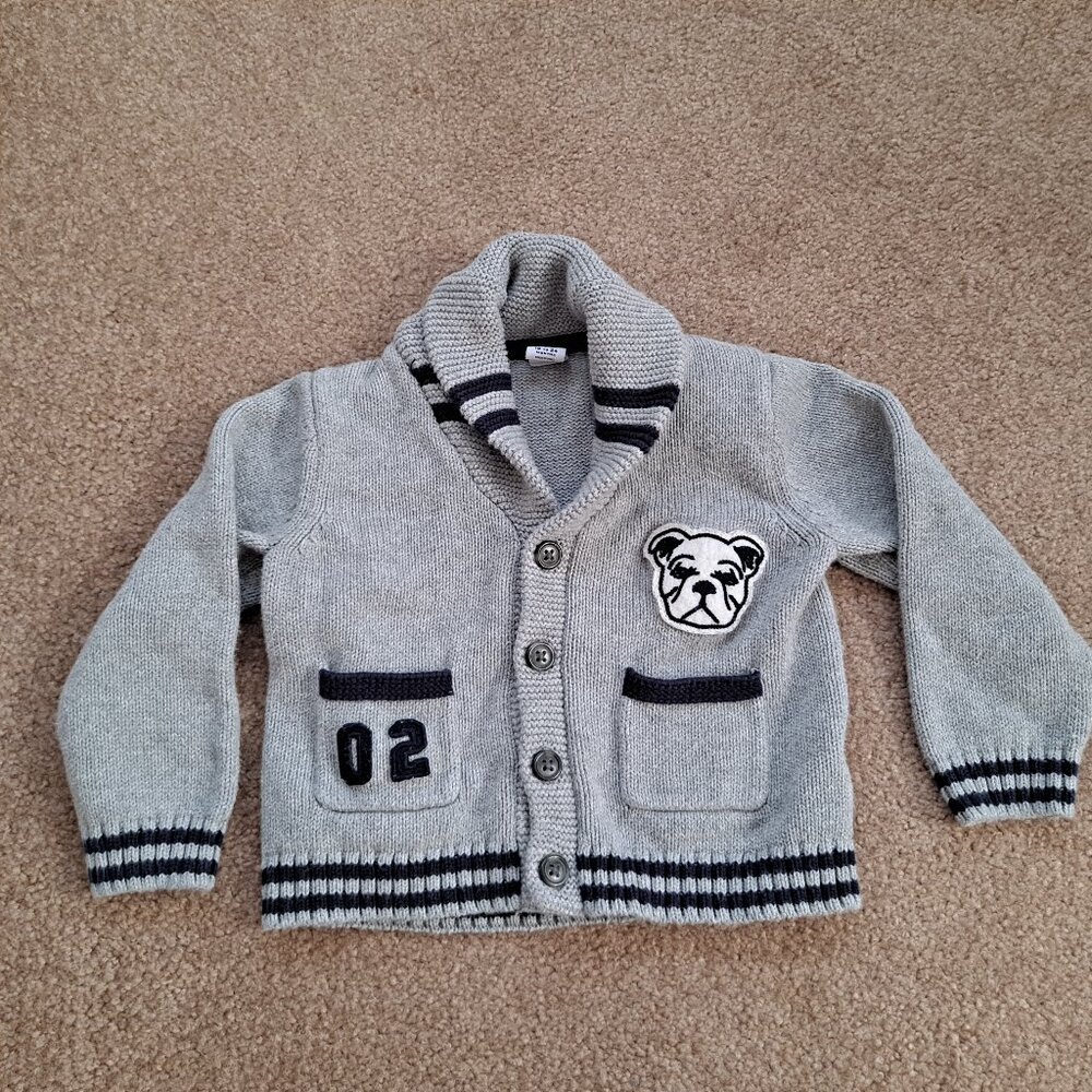 Janie and Jack Grey Shawl Collar Cardigan Sweater Bulldog Varsity